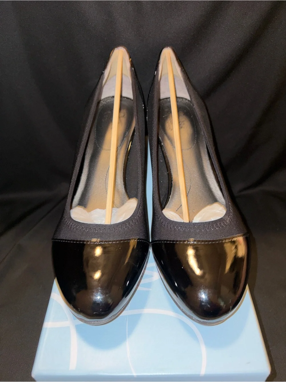 Life Stride Black Patent and Knit Wedge Pumps; Juliana